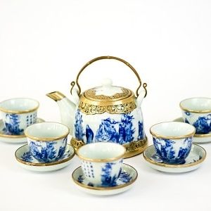 Bộ trà men xanh vuốt tay S2 bọc đồng